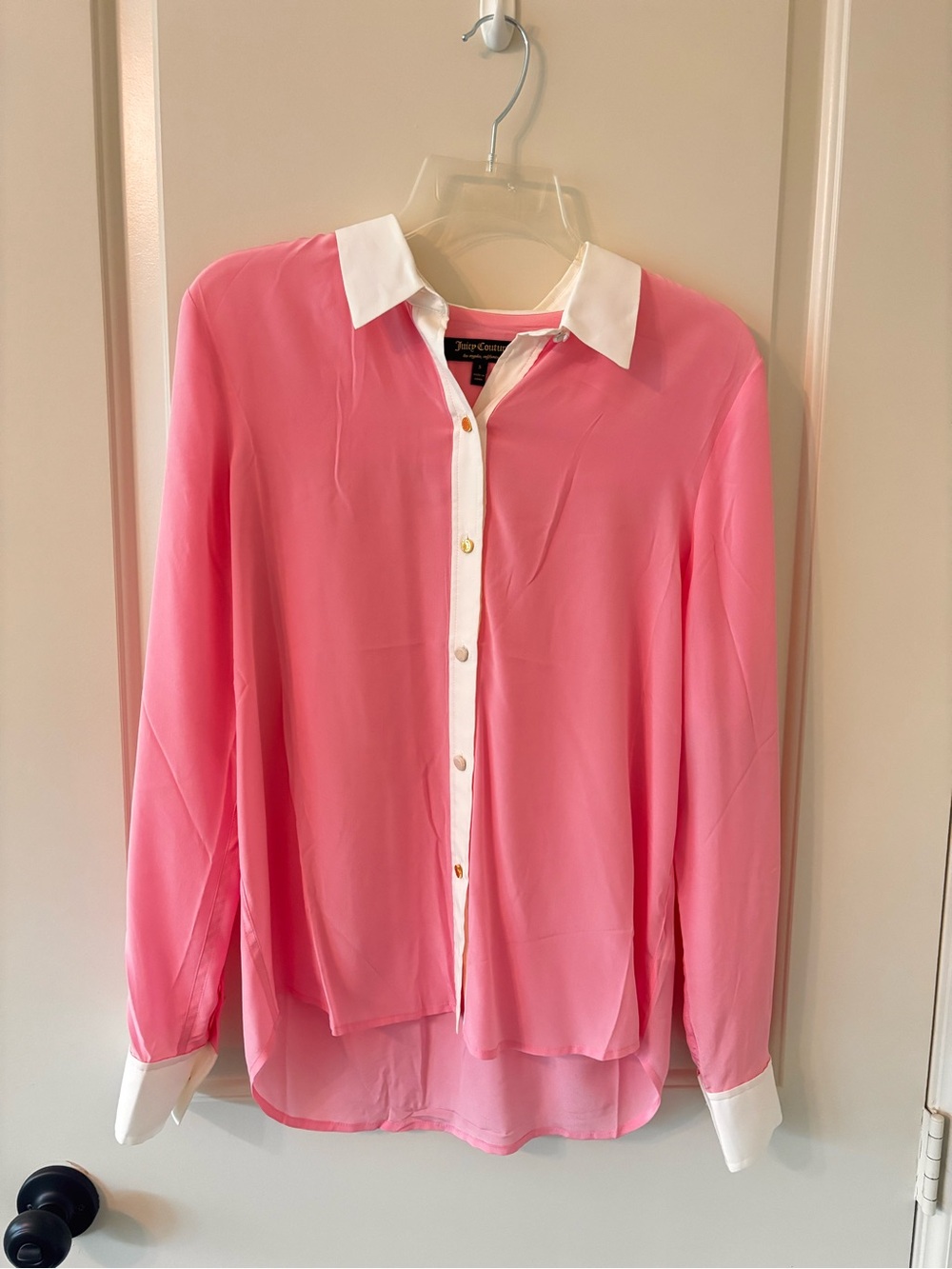 NWT Juicy Couture Pink Contrast Collar Silk Button-Down Blouse Sz S